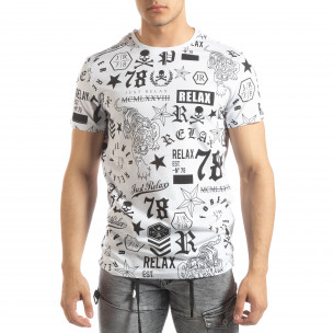 Tricou alb pentru bărbați cu simboluri - FASHIONMIX.RO Tricou alb pentru bărbați cu simboluri