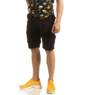 Bermude cargo pentru bărbați negre cu elastic în talie - FASHIONMIX.RO Bermude cargo pentru bărbați negre cu elastic în talie