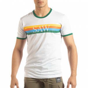 Tricou pentru bărbați alb cu dungi colorate - FASHIONMIX.RO Tricou pentru bărbați alb cu dungi colorate