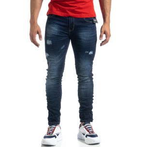 Blugi de bărbați albaștri cu rupturi decorative Slim fit - FASHIONMIX.RO Blugi de bărbați albaștri cu rupturi decorative Slim fit