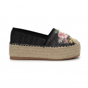 Espadrile negre de dama cu platforma și broderie - FASHIONMIX.RO Espadrile negre de dama cu platforma și broderie