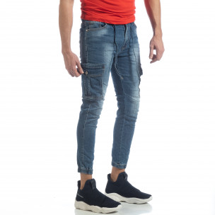Blugi cargo de bărbați albaștri cu elastic și șiret - FASHIONMIX.RO Blugi cargo de bărbați albaștri cu elastic și șiret