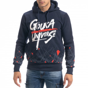 Hanorac hoodie de bărbați albastru cu imprimeu - FASHIONMIX.RO Hanorac hoodie de bărbați albastru cu imprimeu