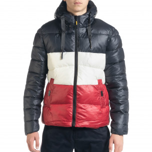 Geacă din puf pentru bărbați cu părți colorate și glugă - FASHIONMIX.RO Geacă din puf pentru bărbați cu părți colorate și glugă