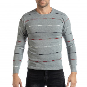 Pulover pentru bărbați gri cu dungi colorate - FASHIONMIX.RO Pulover pentru bărbați gri cu dungi colorate