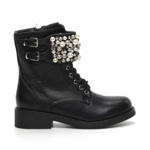 Botine de dama negre cu perle și pietre - FASHIONMIX.RO Botine de dama negre cu perle și pietre