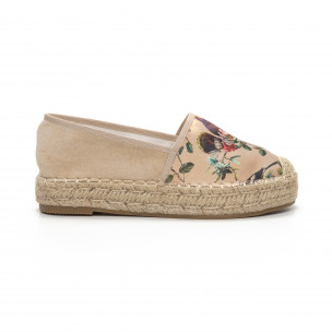 Espadrile de dama din satin bej motiv floral - FASHIONMIX.RO Espadrile de dama din satin bej motiv floral