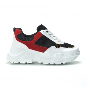 Pantofi sport pentru dama în alb-negru-roșu cu talpă groasă - FASHIONMIX.RO Pantofi sport pentru dama în alb-negru-roșu cu talpă groasă