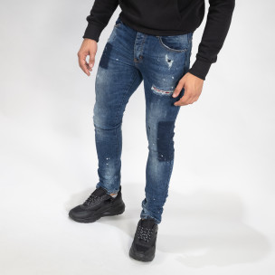 Blugi de bărbați albaștri cu picături de vopsea Slim fit - FASHIONMIX.RO Blugi de bărbați albaștri cu picături de vopsea Slim fit