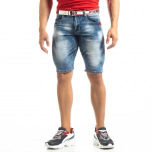 Blugi scurți albaștri Slim-fit de bărbați cu efect șifonat - FASHIONMIX.RO Blugi scurți albaștri Slim-fit de bărbați cu efect șifonat