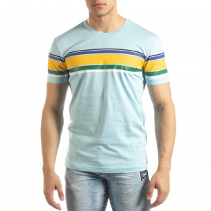 Tricou pentru bărbați albastru cu dungi colorate - FASHIONMIX.RO Tricou pentru bărbați albastru cu dungi colorate