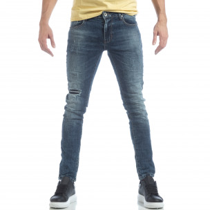 Washed Jeans de bărbați albaștri cu rupturi - FASHIONMIX.RO Washed Jeans de bărbați albaștri cu rupturi