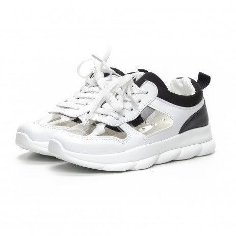 Pantofi sport de dama în negru și alb cu părți transparente 2