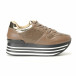 Pantofi sport maro de dama din piele ecologica cu platforma și detalii aurii it240118-22 2